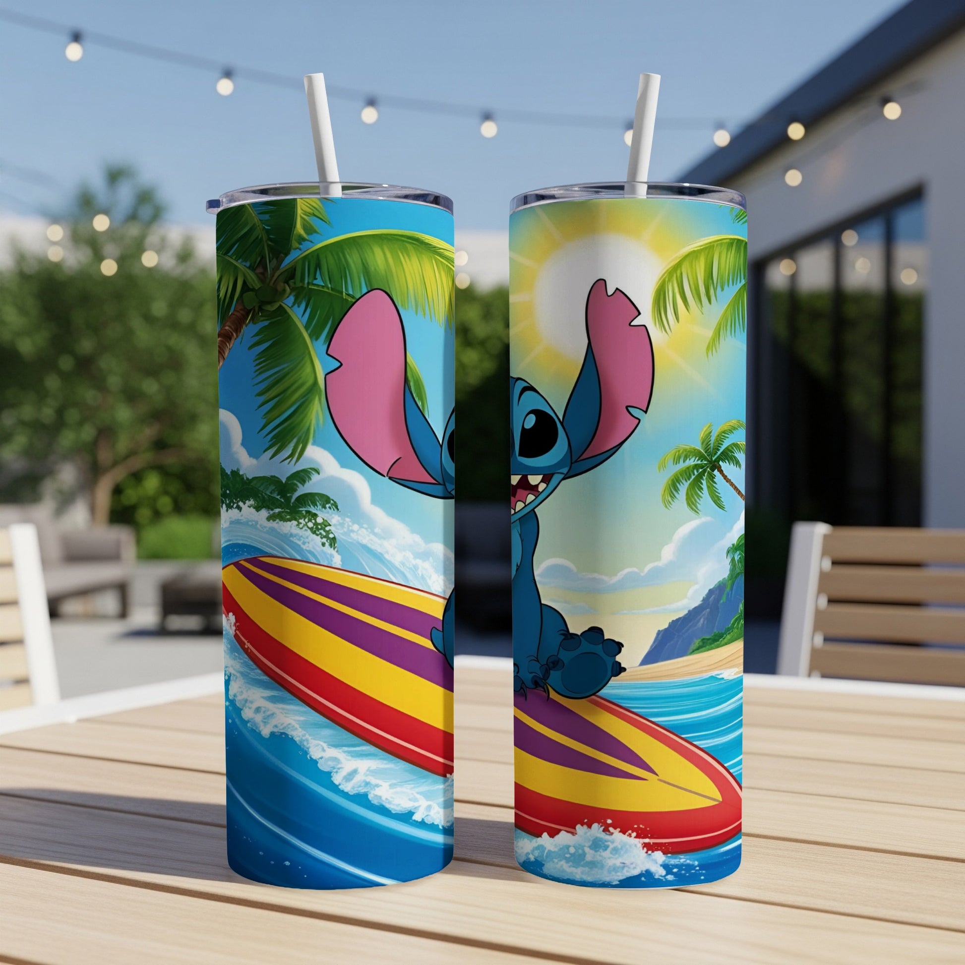 Stitch surfing on a colorful board with palm trees and ocean background.