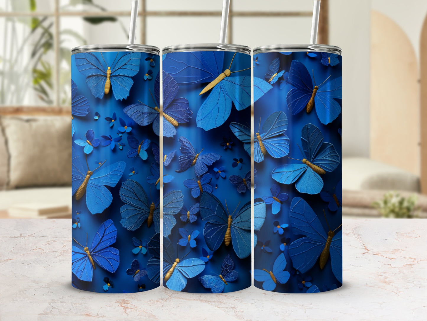 Blue butterflies in various sizes on a textured background, wrapping around a tumbler.