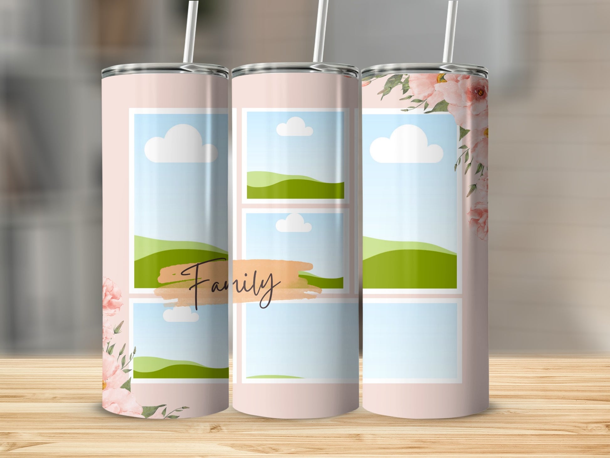 Three pink tumblers with photo frames, clouds, green hills, and "Family" text.