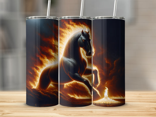 Black horse silhouette engulfed in flames against a dark background.