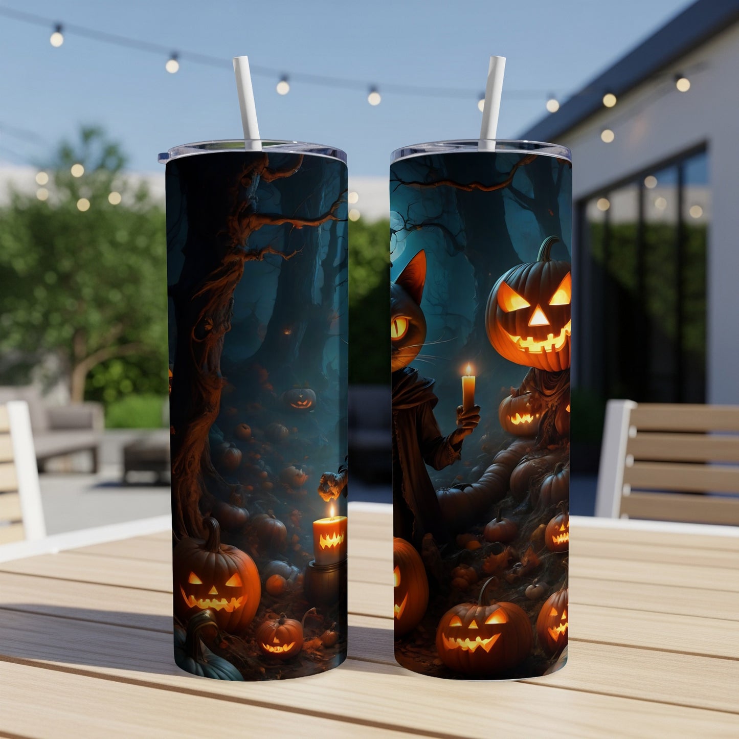 Two tumblers with Halloween design featuring a black cat and jack-o'-lanterns.