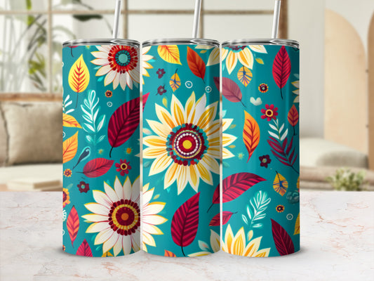 Three teal tumblers with sunflower and leaf pattern.