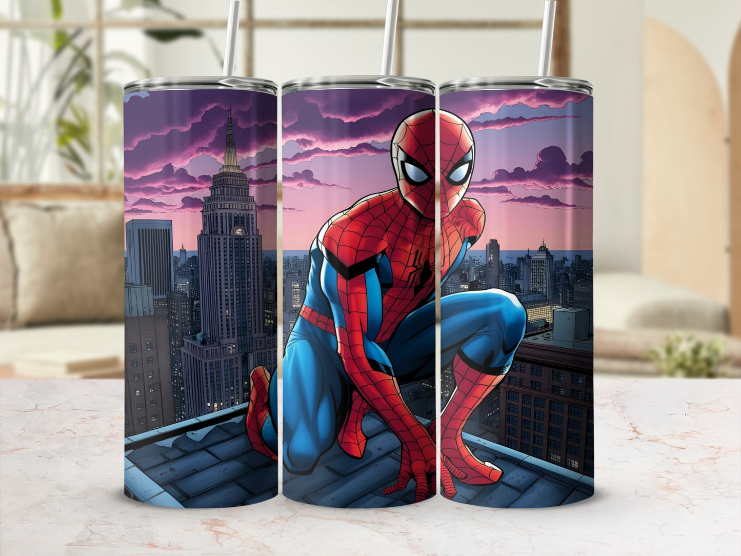 Spider-Man crouches on a rooftop overlooking a city at sunset.