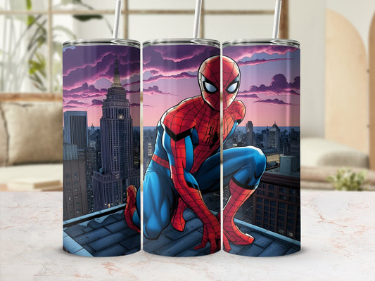 Spider-Man crouches on a rooftop overlooking a city at sunset.