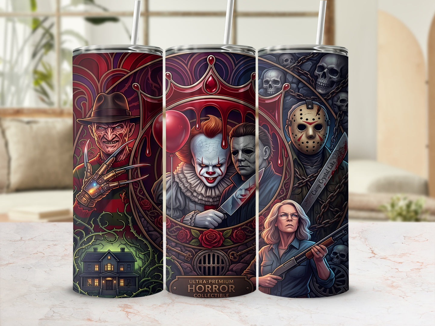 Tumbler with horror icons: Freddy Krueger, Pennywise, Michael Myers, Jason Voorhees, and Laurie Strode.