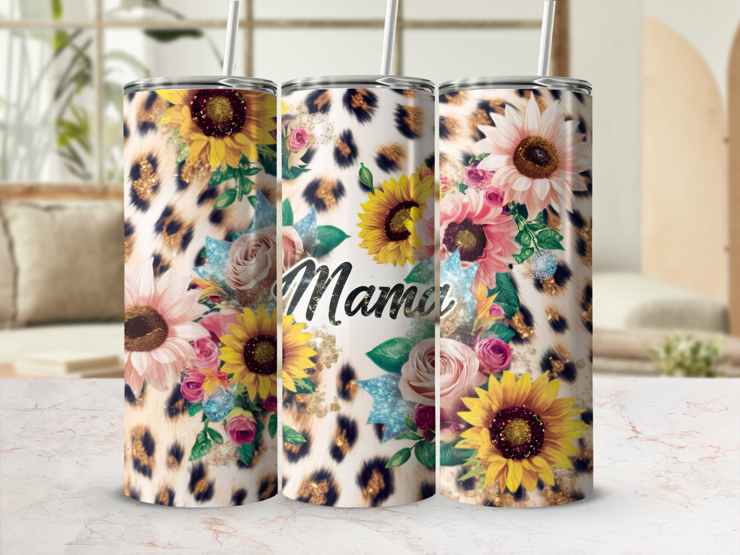 Leopard print tumbler with sunflowers, roses, and the word "Mama".