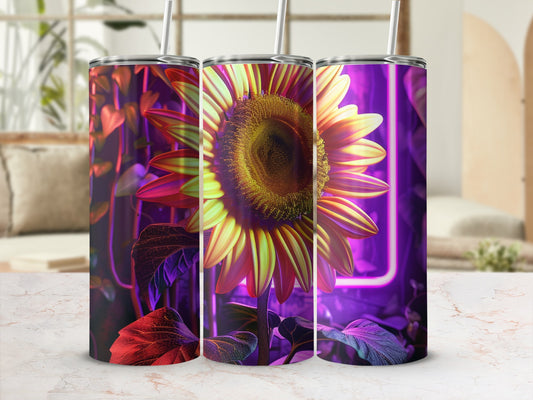 Three tumblers with vibrant sunflower designs in neon purple and yellow light.