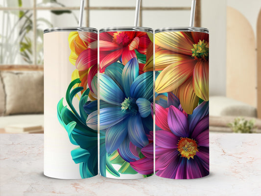 Three tumblers with vibrant floral designs in a cluster.