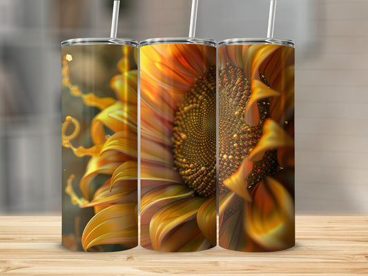 Three tumblers with close-up sunflower designs, showing detailed petals and seeds.
