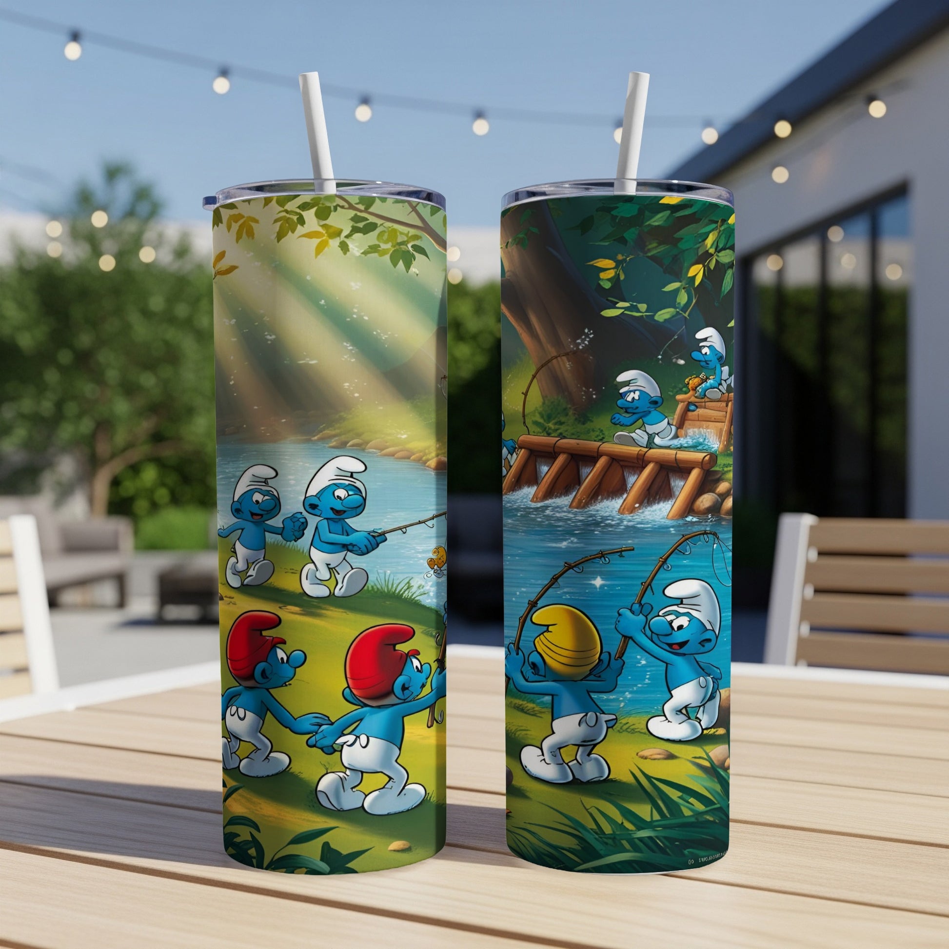 Two Smurfs tumblers with characters fishing by a river.
