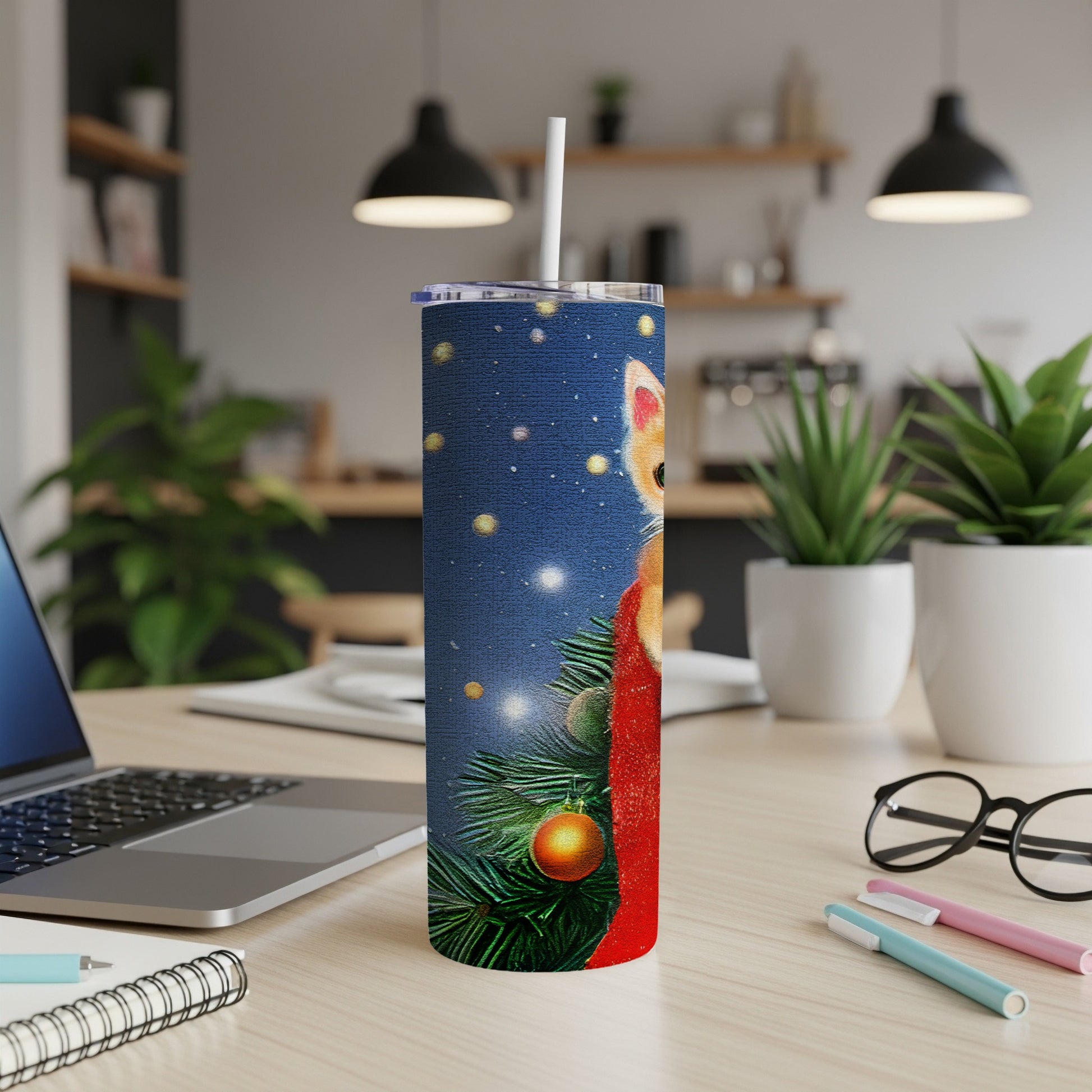 Christmas-themed tumbler with a corgi and festive decorations.