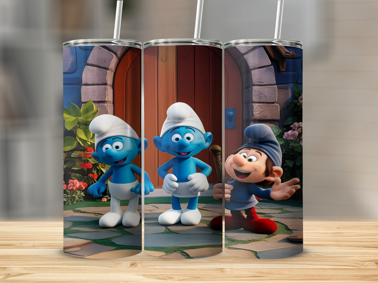 Smurf characters from the popular cartoon standing in front of a blue door.