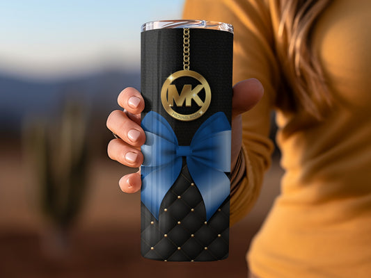 Elegant Black Tumbler with Blue Bow and Gold Accent