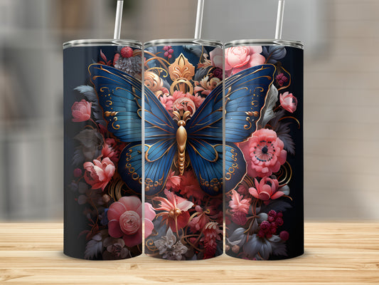 Blue butterfly on floral tumbler with straw.