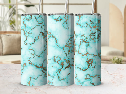 Three tumblers with teal marble and gold veining.