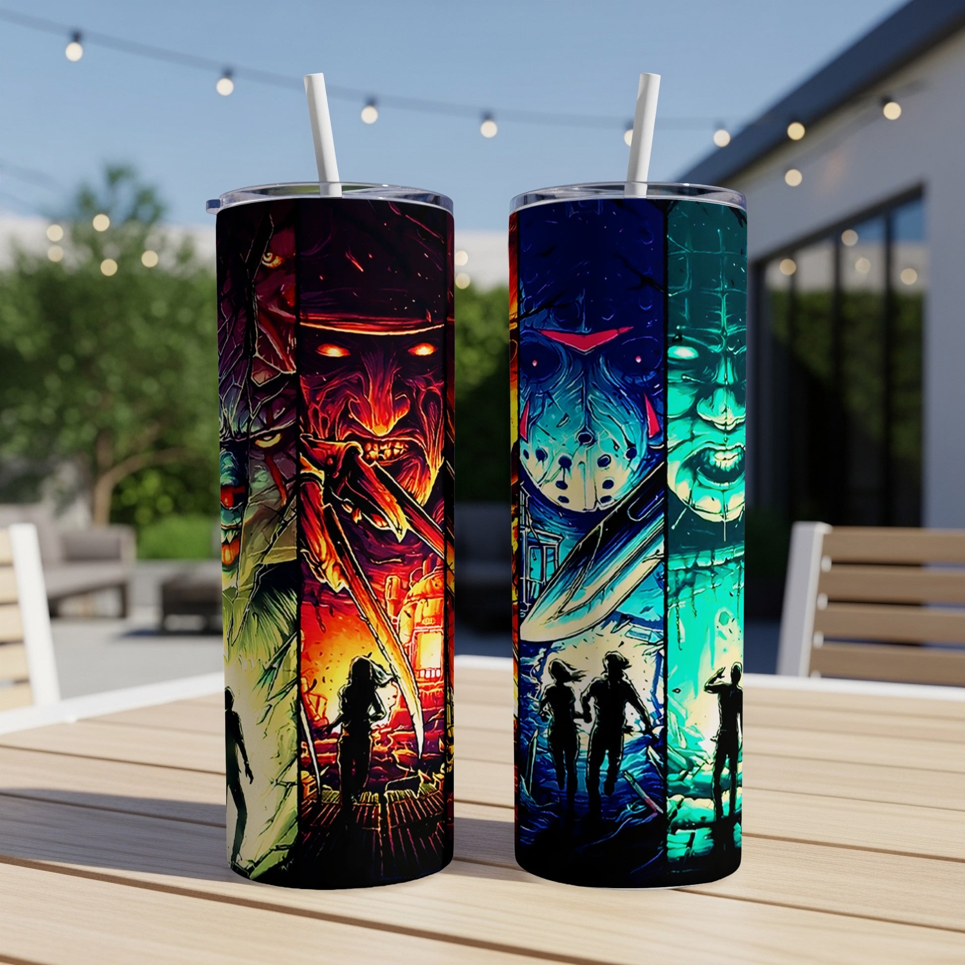 Two tumblers with horror movie villains and victims, set on a table.
