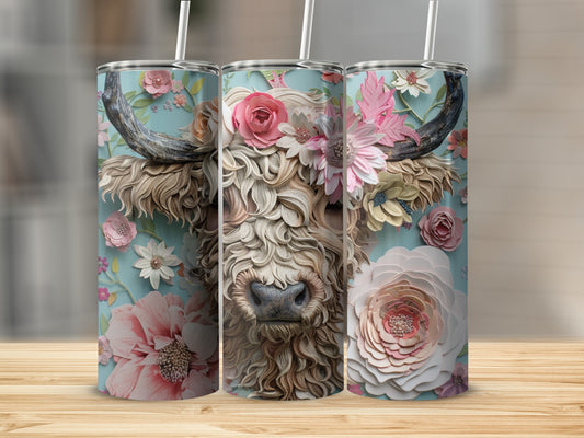 Highland cow with floral crown on teal skinny tumblers.