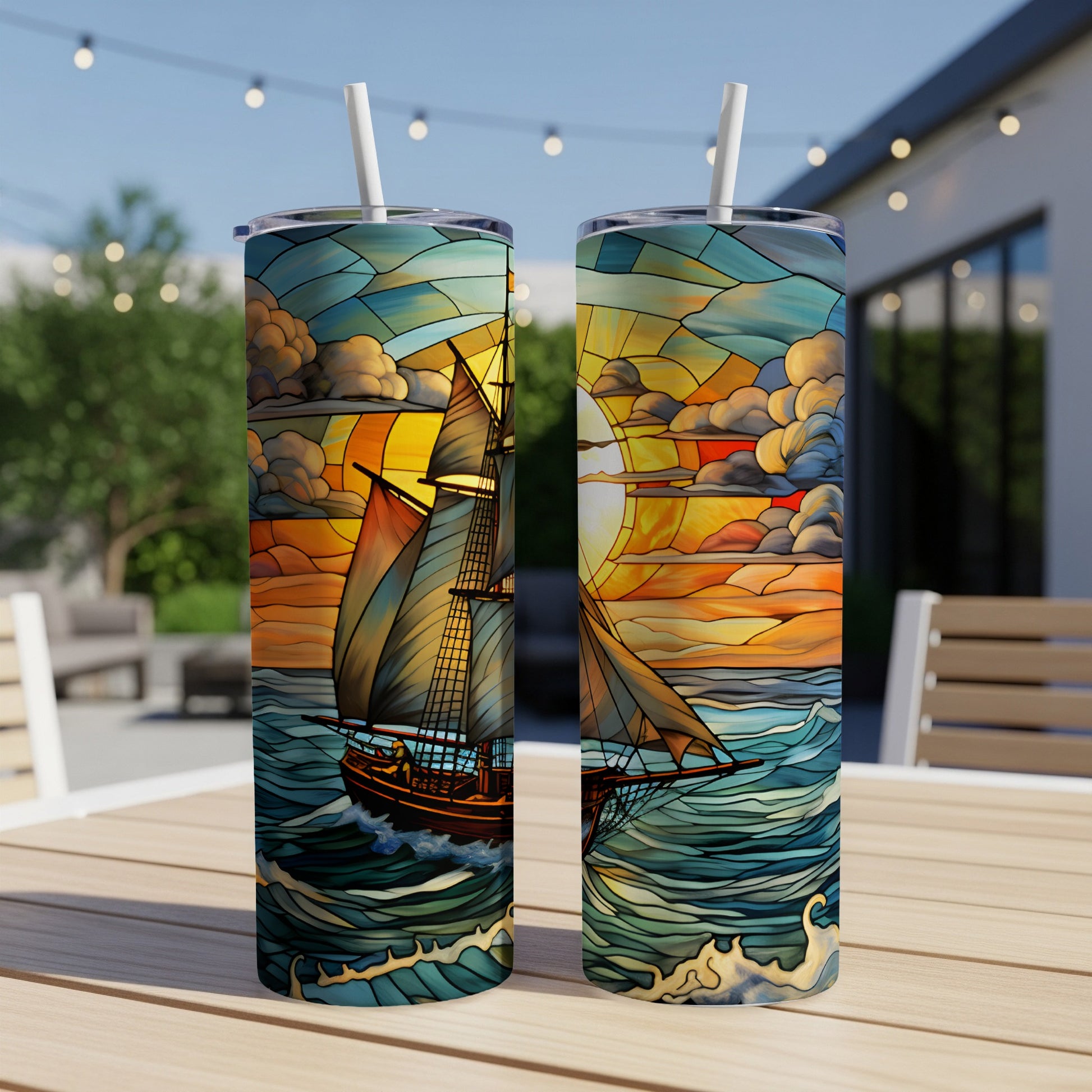 Two tumblers with stained-glass sailboat and sunset design.