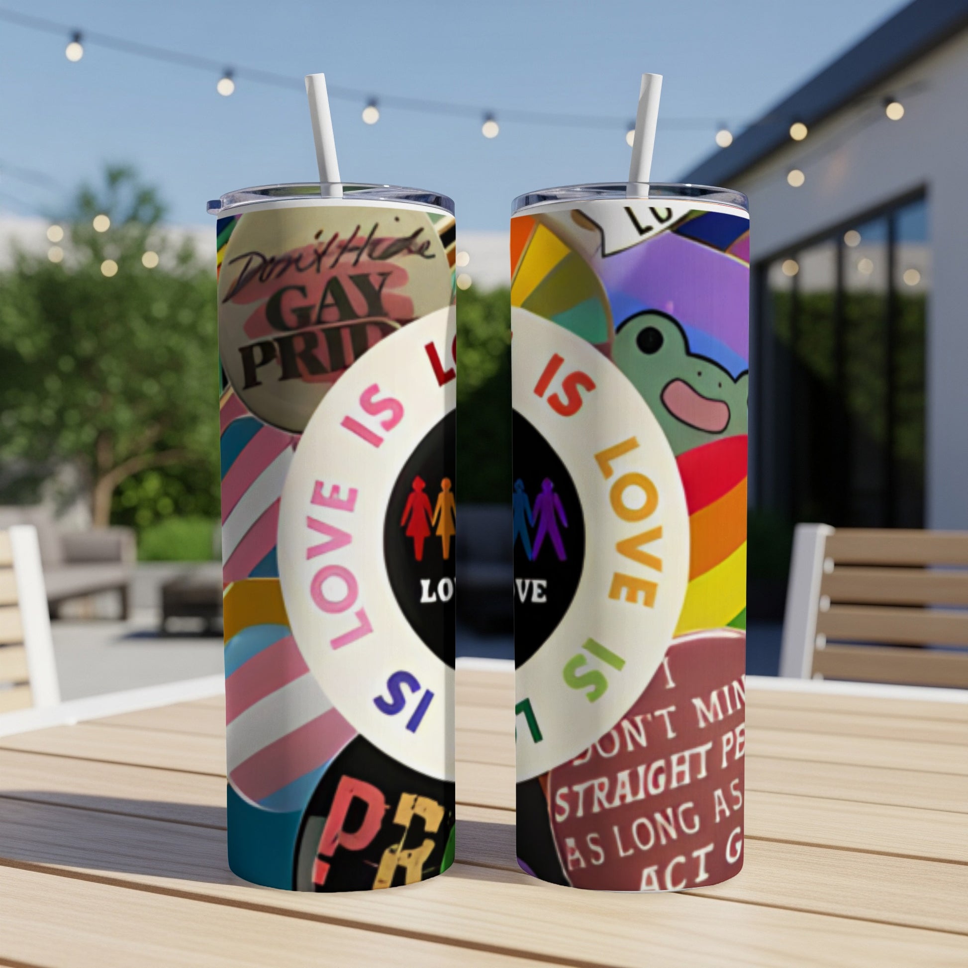 Tumblers featuring LGBTQ+ pride symbols and slogans like "LOVE IS LOVE."