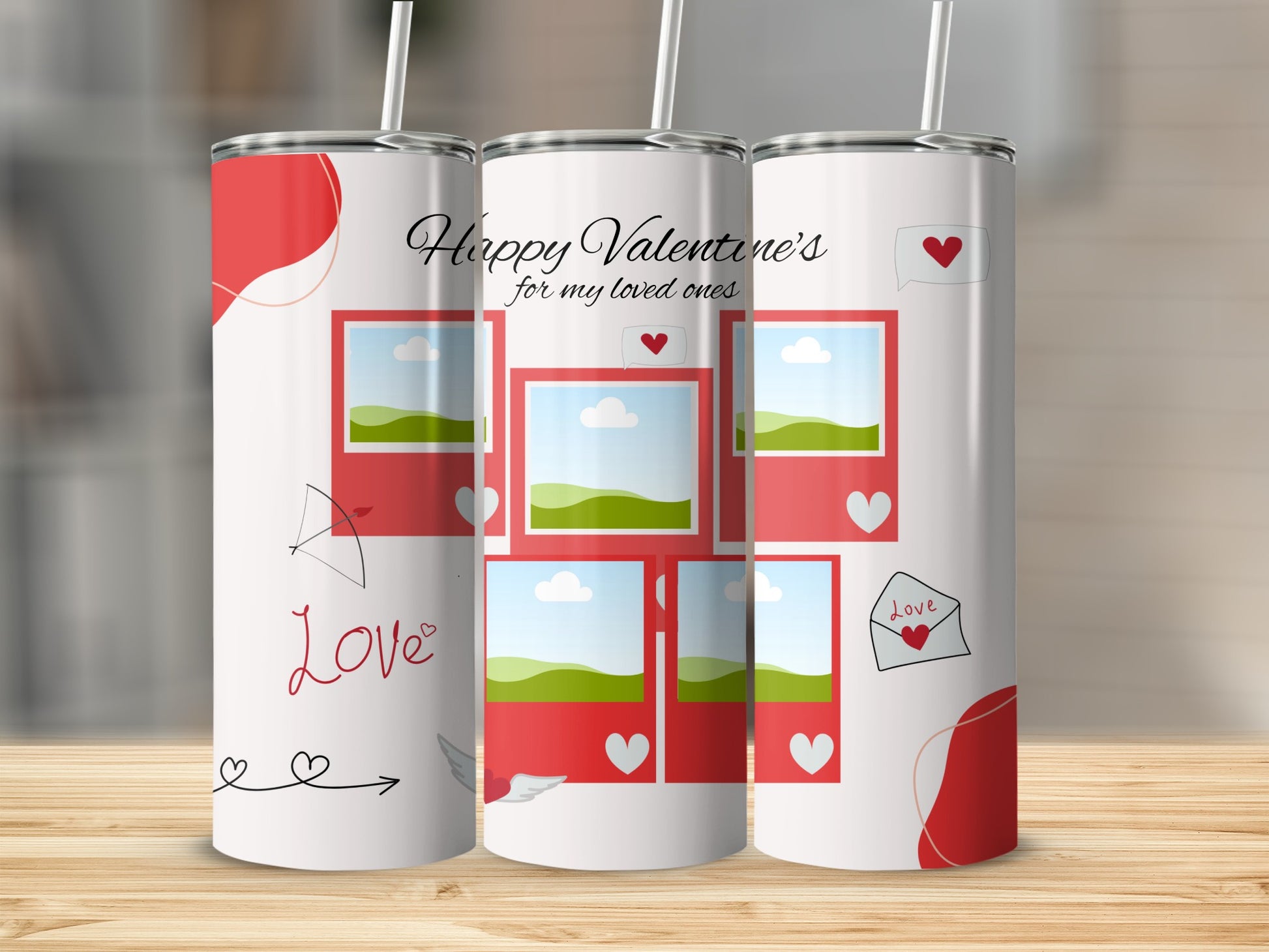 White tumblers with Valentine's theme, featuring photo frames and hearts.