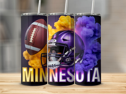 Minnesota Vikings football helmet and ball with colorful smoke.