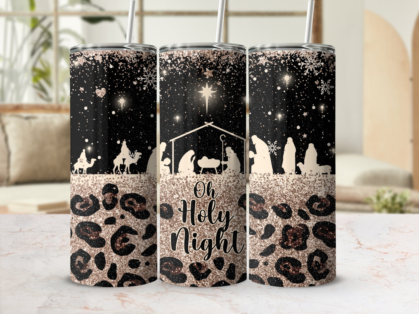 Glittering nativity scene with leopard print details and "Oh Holy Night" text.