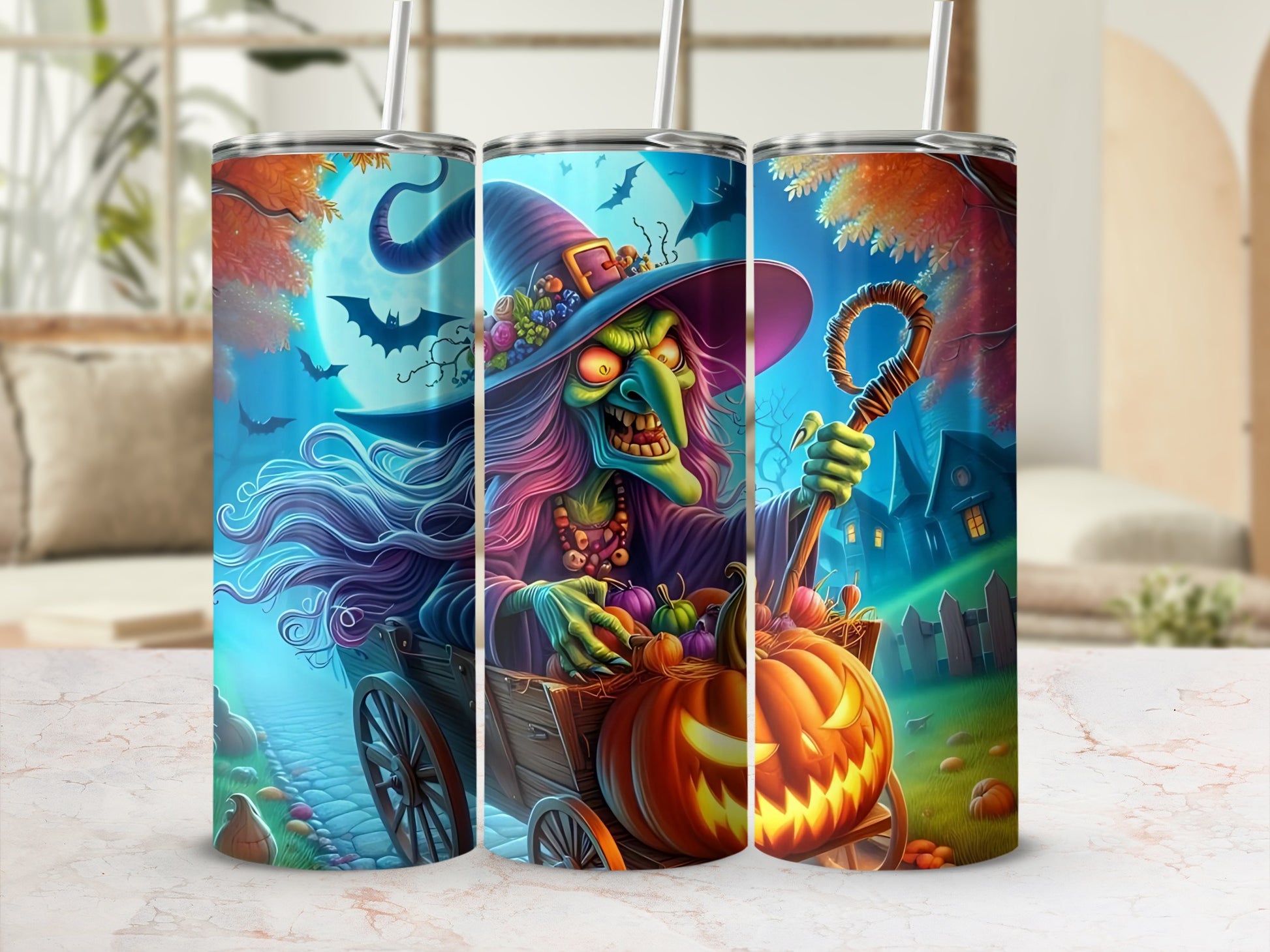 Halloween tumblers with a witch pushing a cart of pumpkins and gourds.