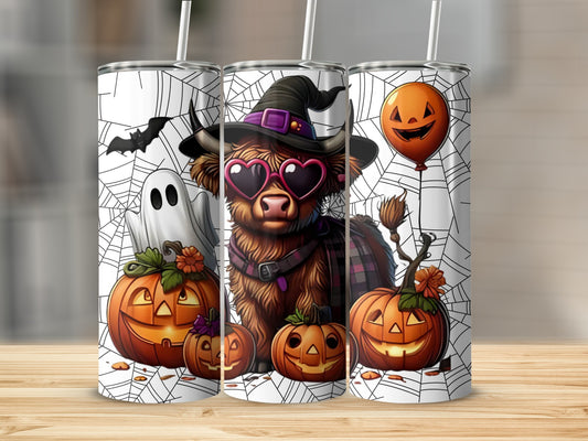 Halloween Highland Cow and Pumpkins Tumbler Cup