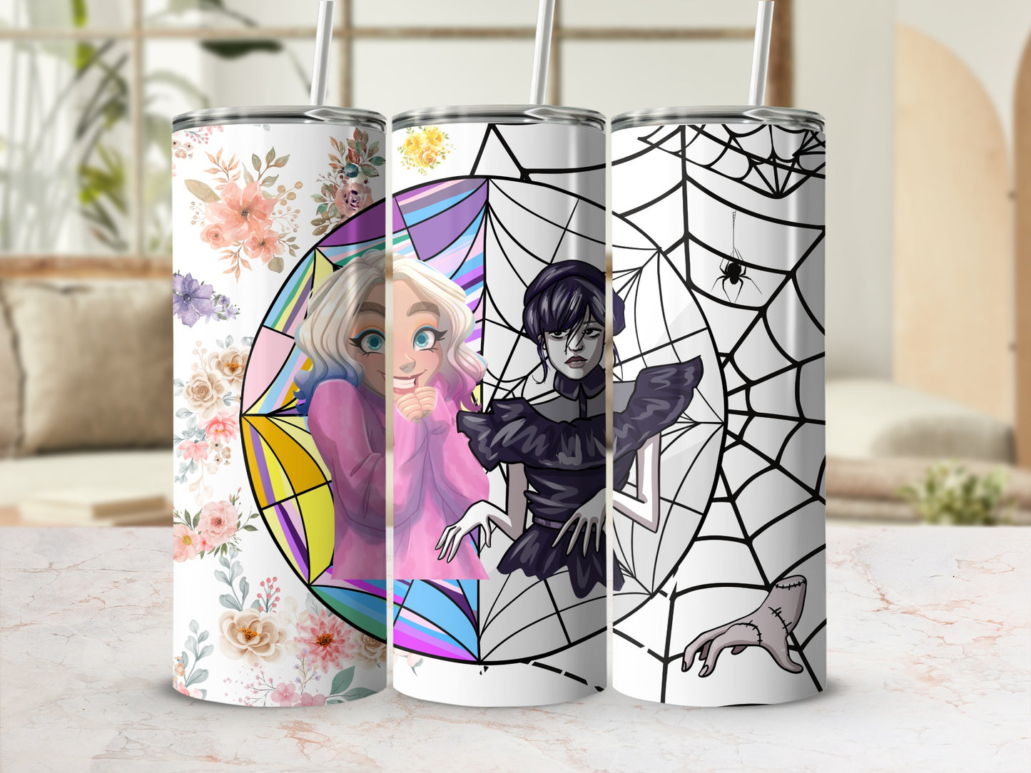 Floral Cartoon and Spiderweb Themed Tumbler