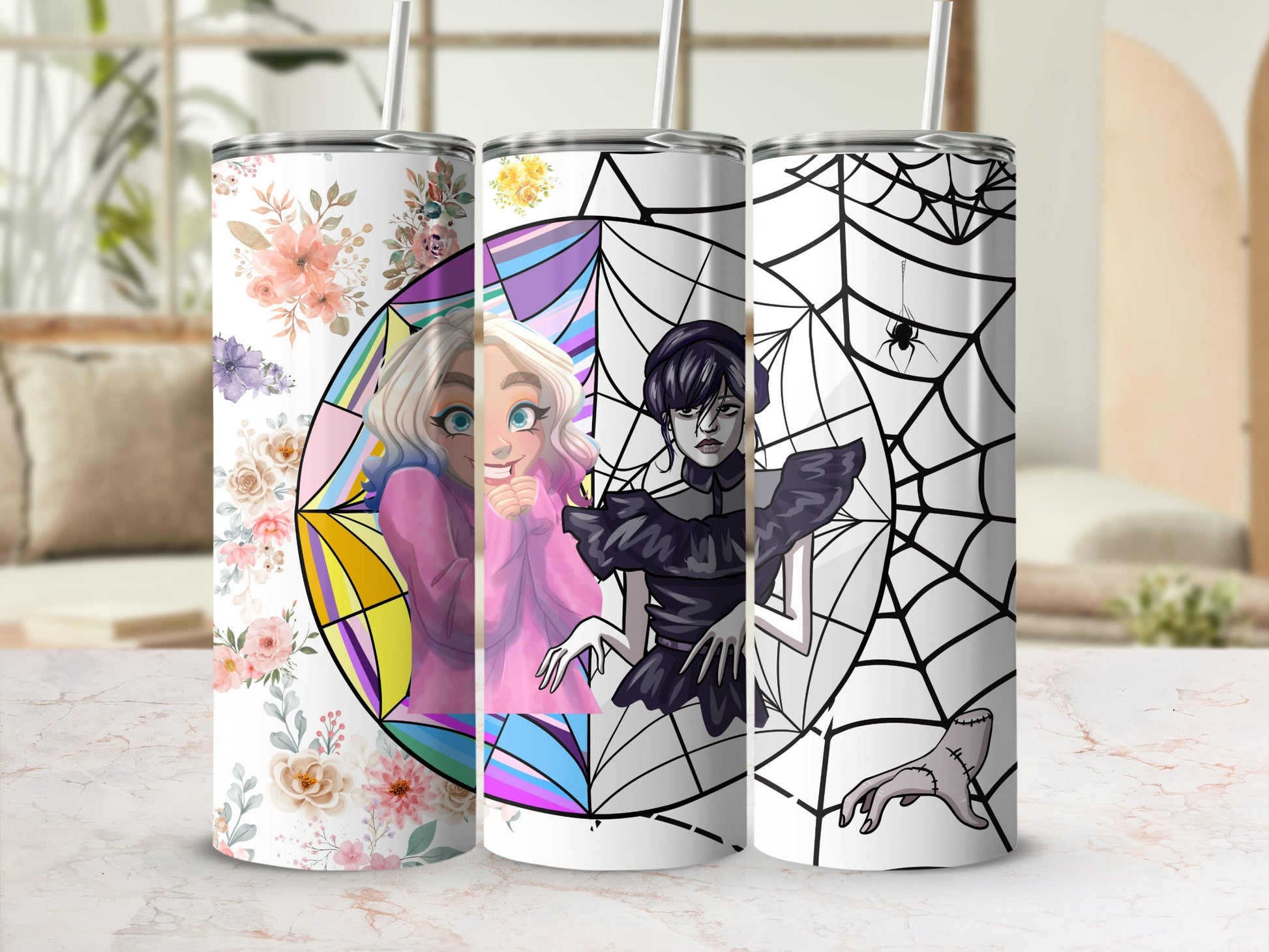 Floral Cartoon and Spiderweb Themed Tumbler