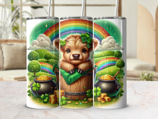 Saint Patrick's Day themed tumbler with a baby cow in a barrel, rainbows, and pots of gold.