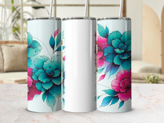 Three white tumblers with floral designs of pink and teal flowers.