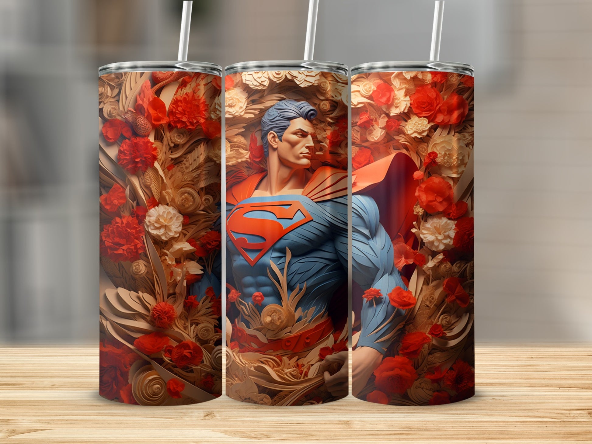 Superman Hero with Floral Background Tumbler