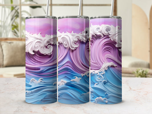 Three tumblers with purple and blue wave designs and white foam.