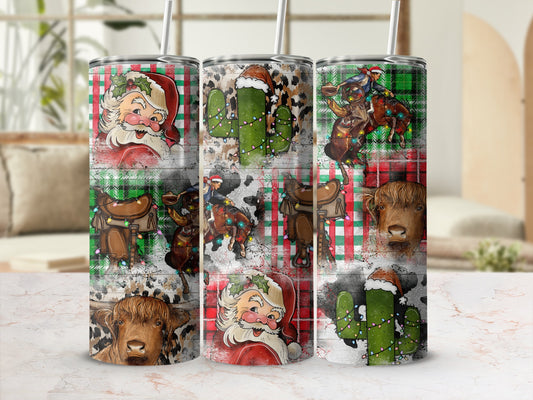 Three tumblers with festive Christmas designs featuring Santa, cacti, and cows.