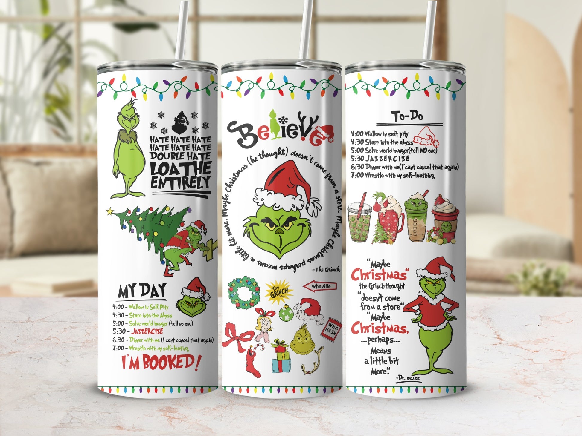The Grinch themed tumbler with daily schedule and Christmas quotes.