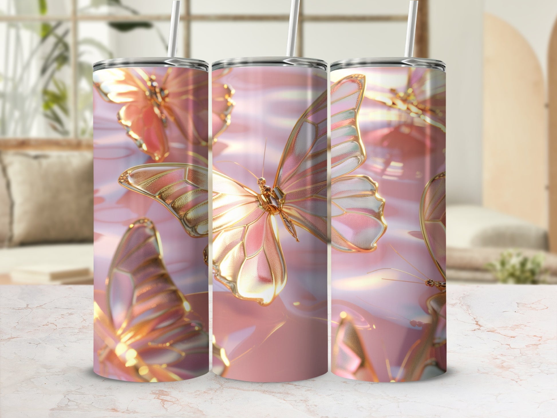 Rose gold butterfly design on a stainless steel tumbler.