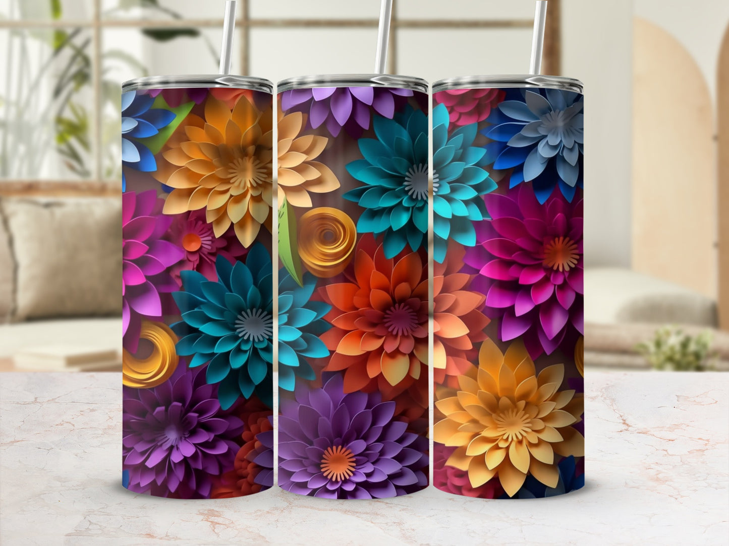 Colorful Floral Design Insulated Tumbler with Straw