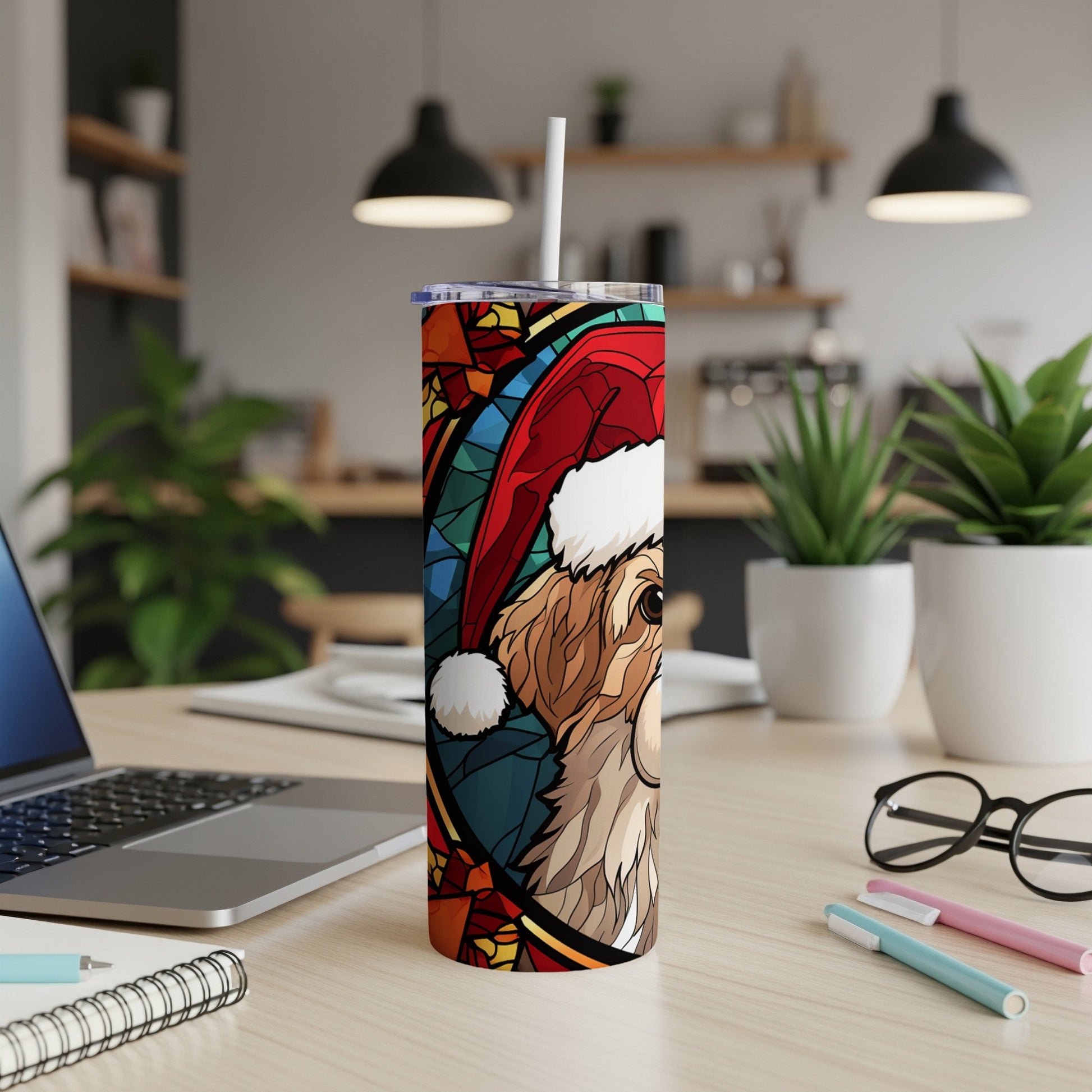 Cavalier King Charles Spaniel wearing a Santa hat on a stained-glass pattern tumbler.
