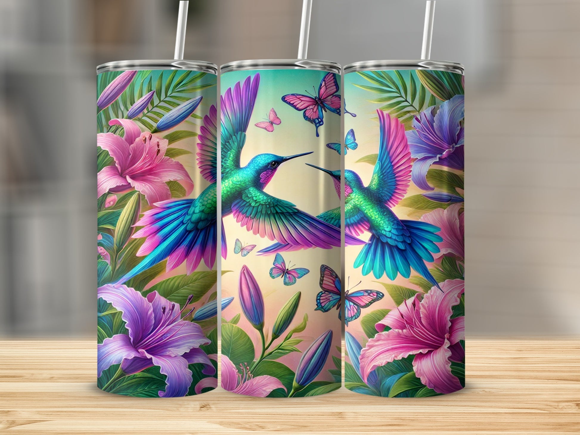 Hummingbird and Flowers Art Design on Stainless Steel Tumblers