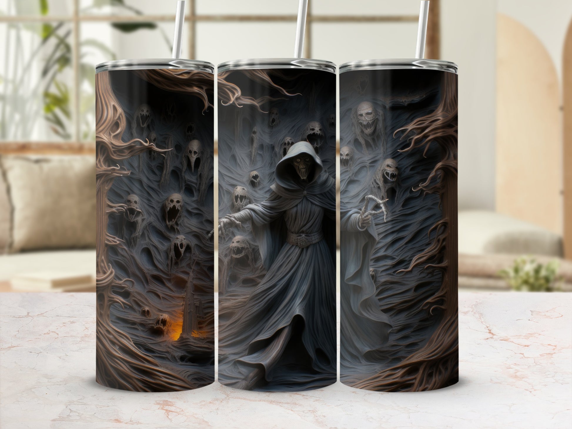 Tumbler with grim reaper figure surrounded by spooky skulls and dark, gnarled trees.