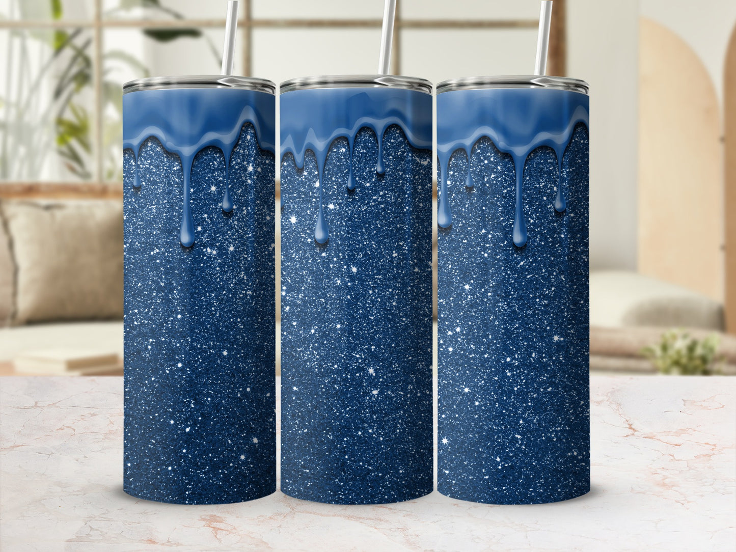 Blue Glitter Drip Design Tumbler Cups