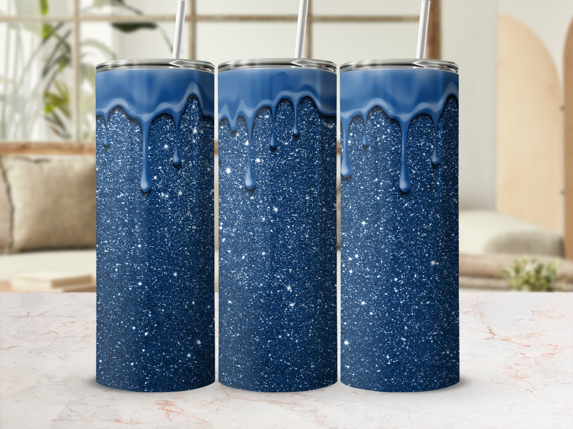 Blue Glitter Drip Design Tumbler Cups