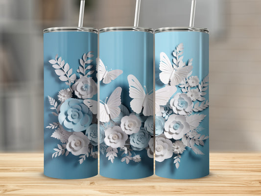 Blue White Papercut Butterflies Flowers Tumbler product type