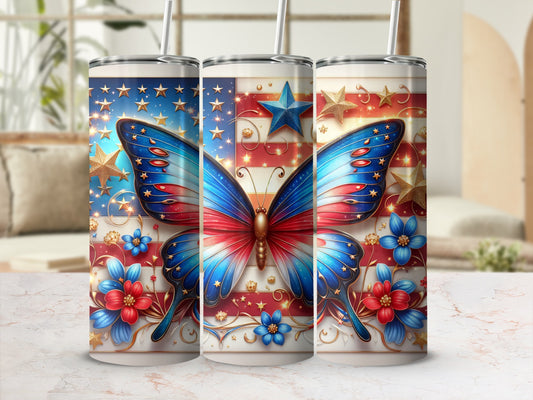 Tumbler with patriotic butterfly and floral design on white background.