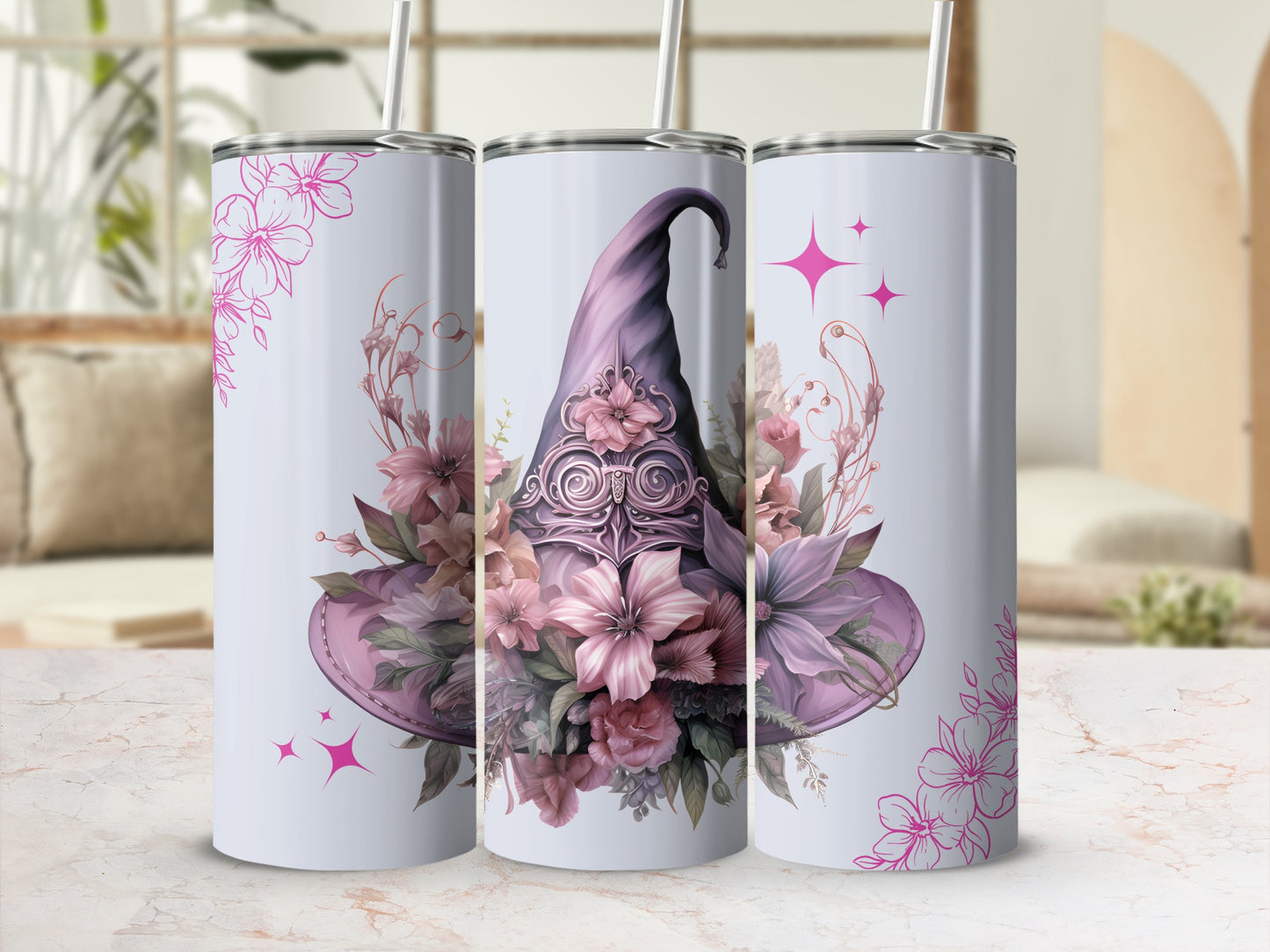 Floral and Witch Hat Design Stainless Steel Tumbler