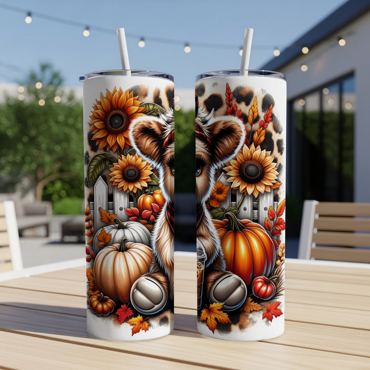 Two tumblers with a fall design featuring a cow, pumpkins, sunflowers, and leaves.