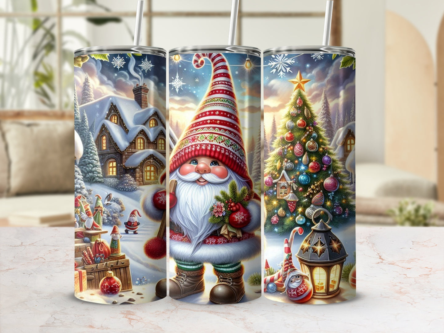 Christmas gnome with hat, gifts, and decorated tree on tumbler.