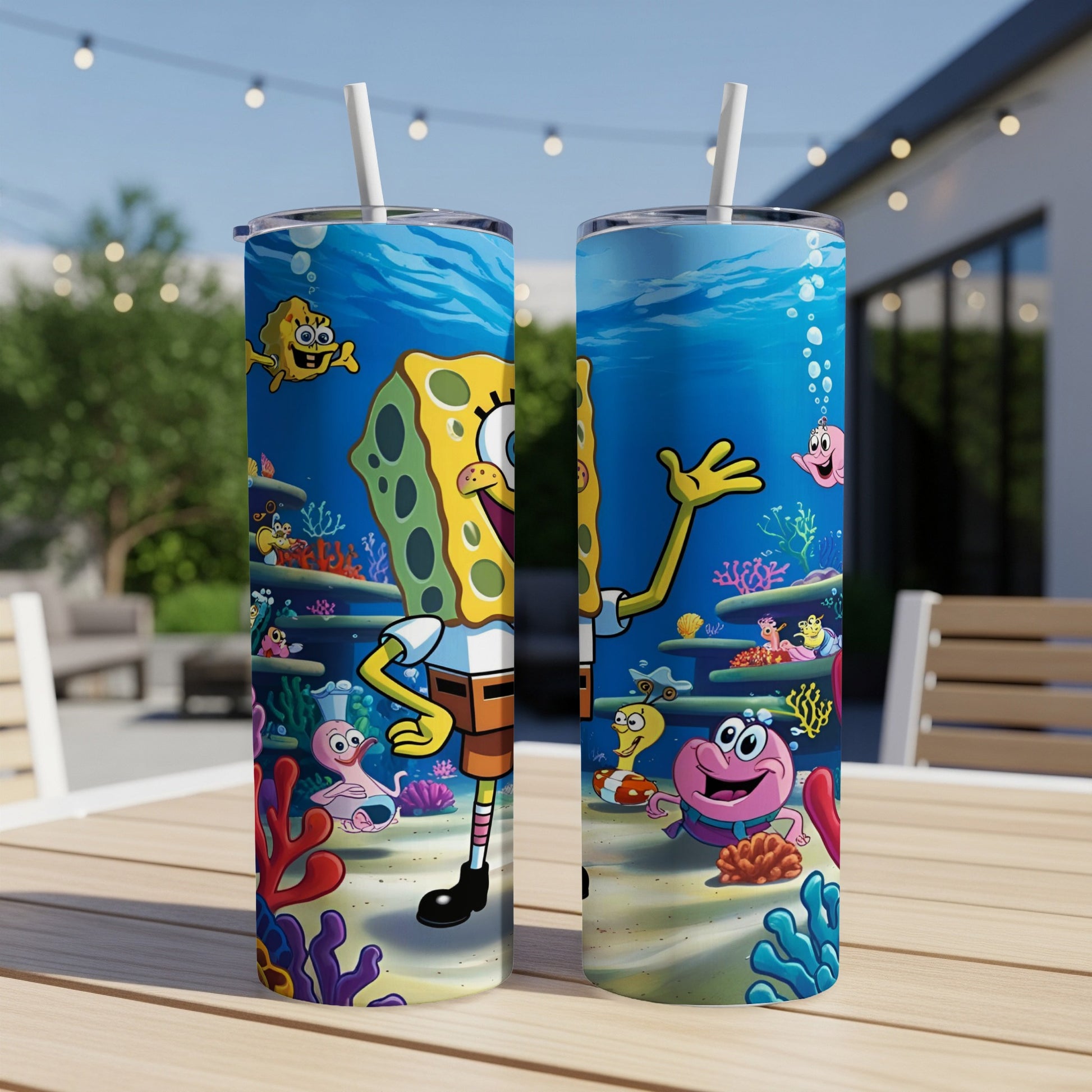 SpongeBob SquarePants cartoon characters underwater with coral and sea creatures.