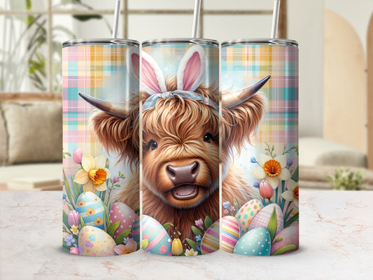 Highland cow with bunny ears surrounded by colorful Easter eggs and flowers.